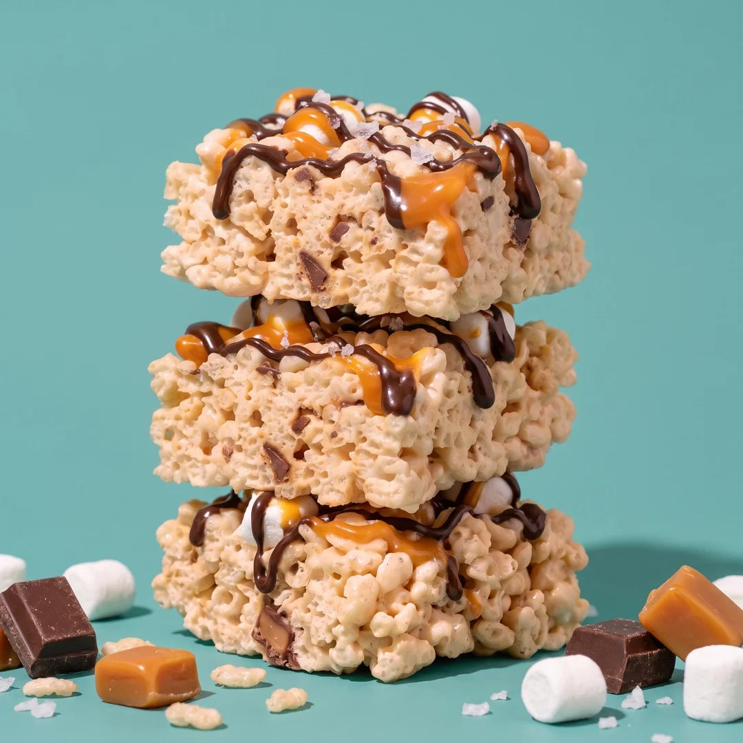 Stack of Dark Chocolate, Caramel & Sea Salt Crispie Clusters