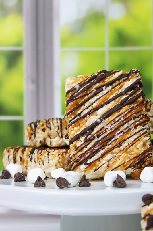 Dark Chocolate and Caramel Drizzled Crispie Treats