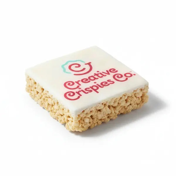 Square crispie treat printed with the Creative Crispies logo