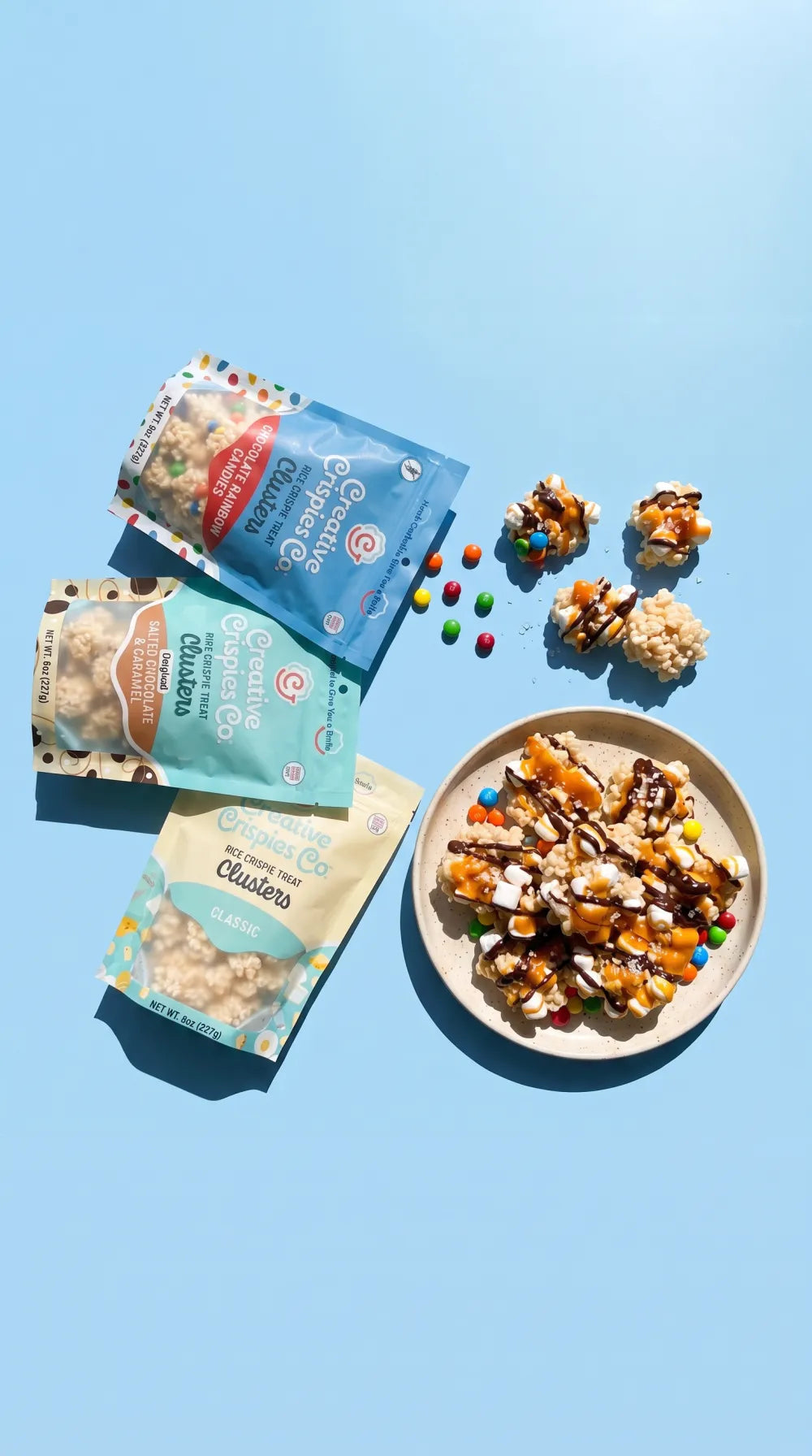 Most-Loved Trio Box: three bags of Crispie Clusters with a plate of clusters